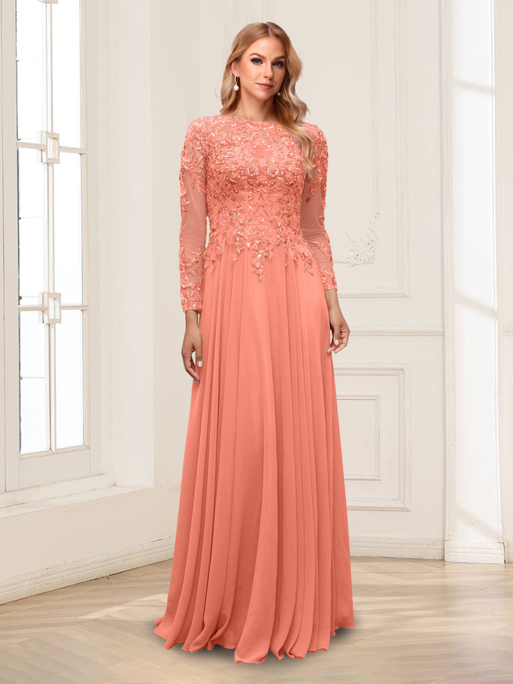 A-Line/Princess Scoop Long Sleeves Floor-Length Mother of the Bride Dresses with Lace &amp; Beading