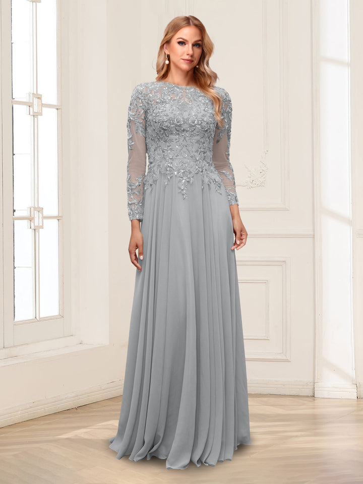 A-Line/Princess Scoop Long Sleeves Floor-Length Mother of the Bride Dresses with Lace &amp; Beading