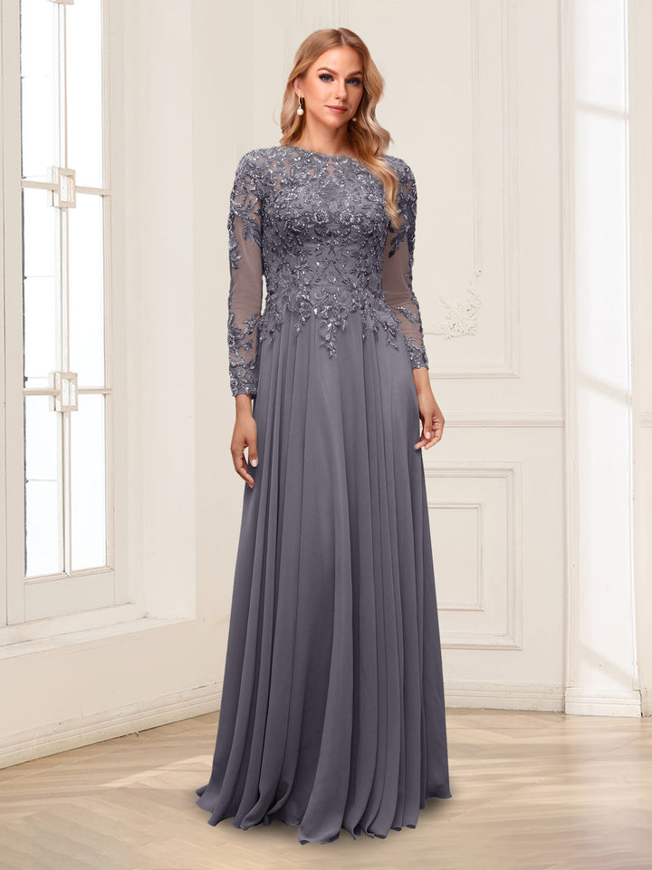 A-Line/Princess Scoop Long Sleeves Floor-Length Mother of the Bride Dresses with Lace &amp; Beading