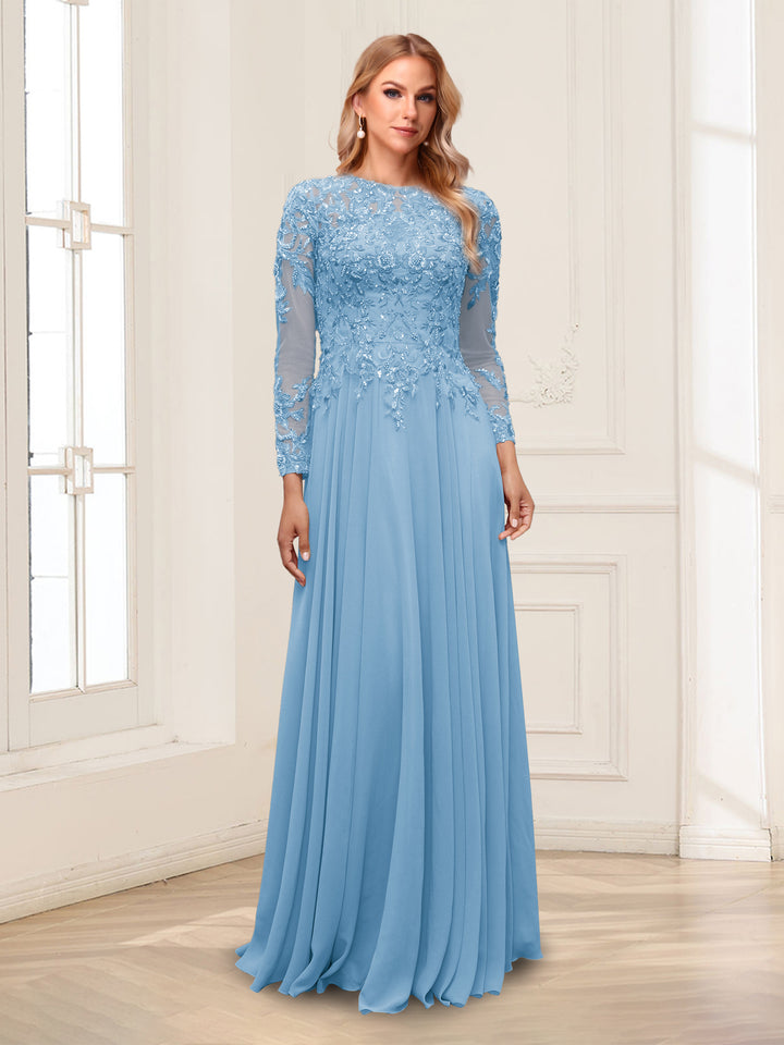 A-Line/Princess Scoop Long Sleeves Floor-Length Mother of the Bride Dresses with Lace &amp; Beading