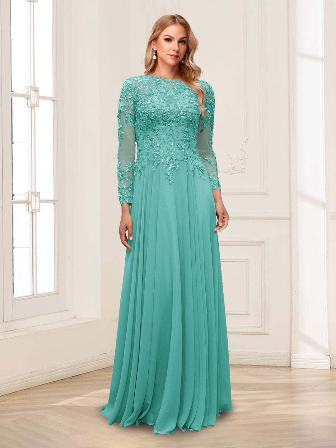 A-Line/Princess Scoop Long Sleeves Floor-Length Mother of the Bride Dresses with Lace &amp; Beading