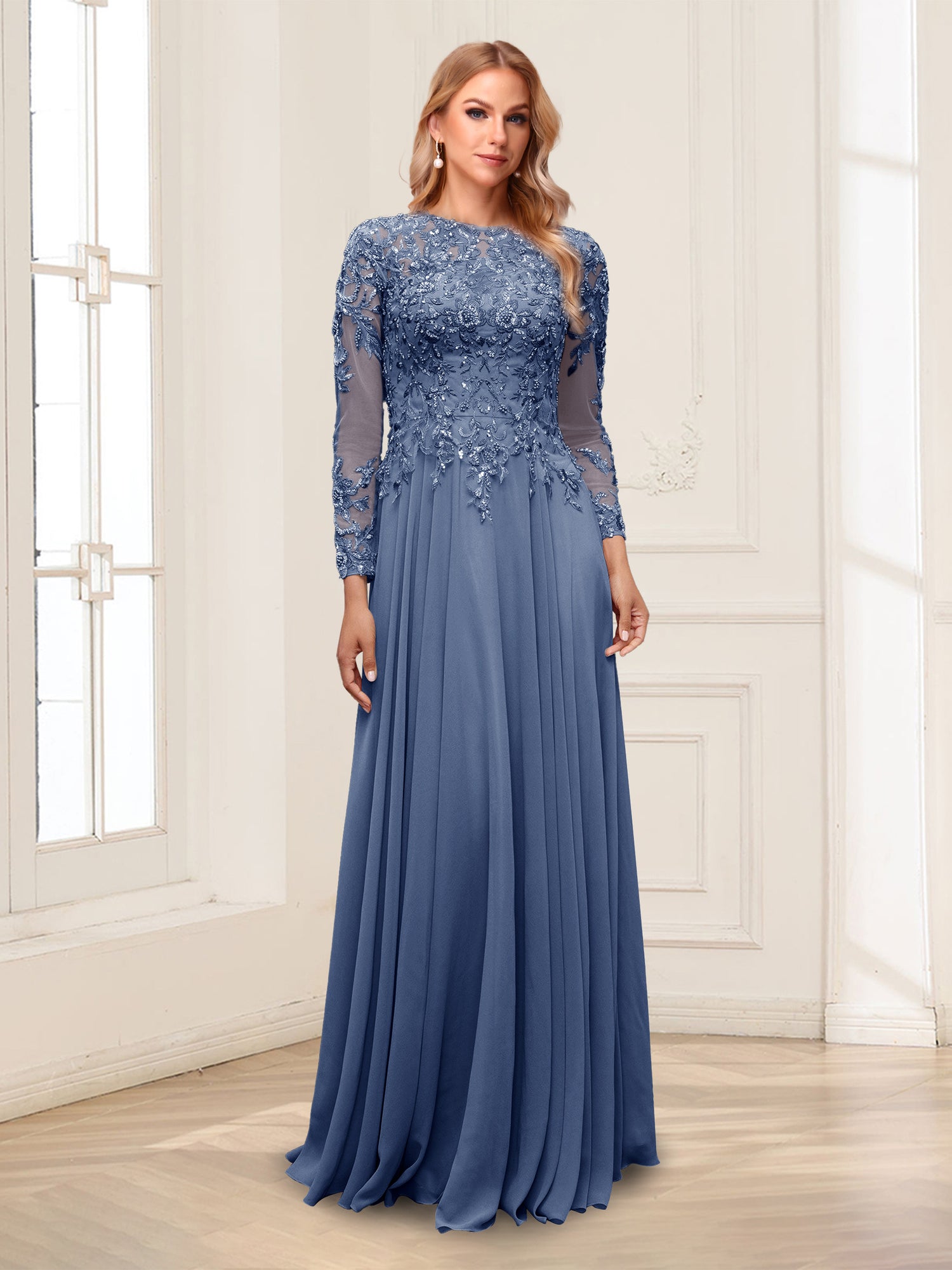A-Line/Princess Scoop Long Sleeves Floor-Length Mother of the Bride Dresses with Lace & Beading