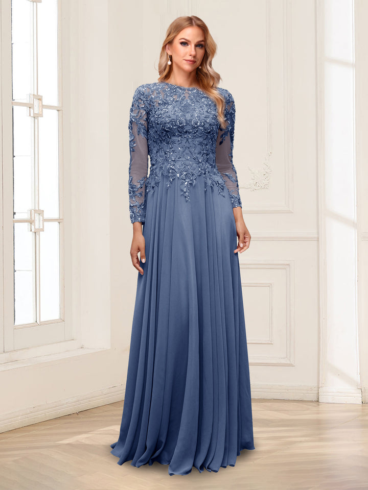 A-Line/Princess Scoop Long Sleeves Floor-Length Mother of the Bride Dresses with Lace &amp; Beading