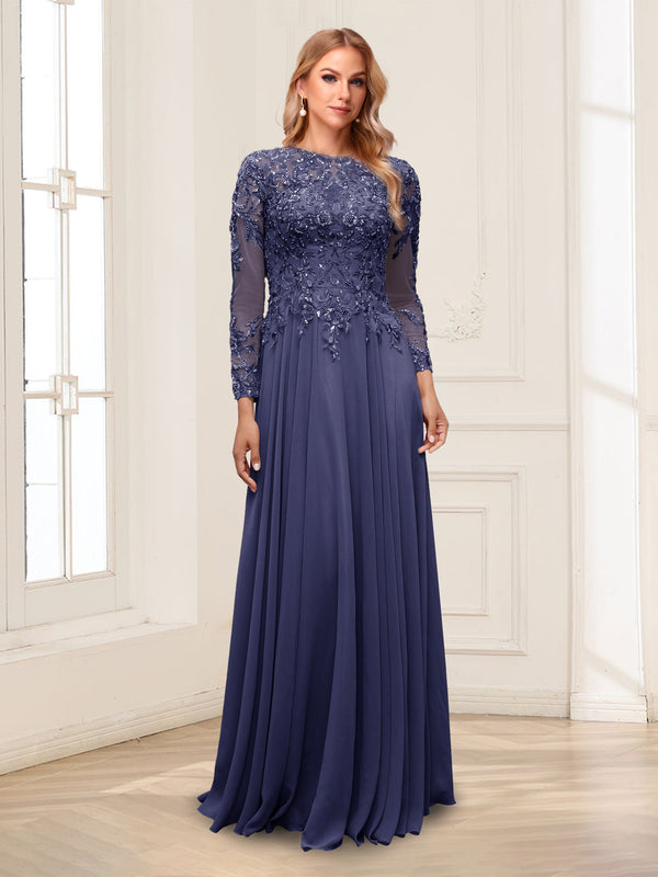 A-Line/Princess Scoop Long Sleeves Floor-Length Mother of the Bride Dresses with Lace & Beading