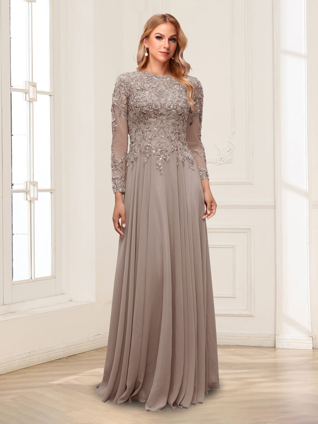A-Line/Princess Scoop Long Sleeves Floor-Length Mother of the Bride Dresses with Lace &amp; Beading