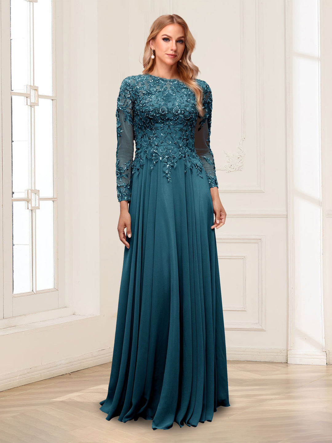 A-Line/Princess Scoop Long Sleeves Floor-Length Mother of the Bride Dresses with Lace &amp; Beading