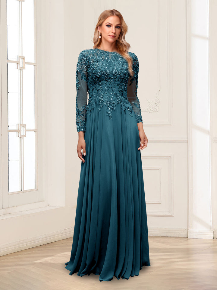 A-Line/Princess Scoop Long Sleeves Floor-Length Mother of the Bride Dresses with Lace &amp; Beading