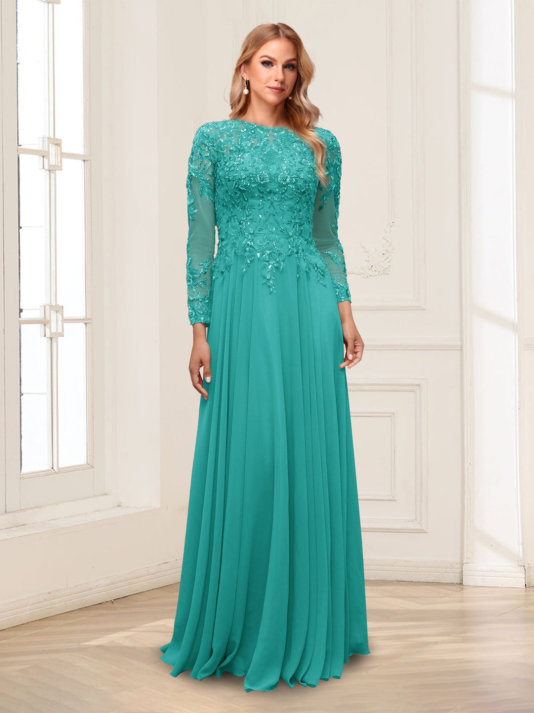 A-Line/Princess Scoop Long Sleeves Floor-Length Mother of the Bride Dresses with Lace &amp; Beading