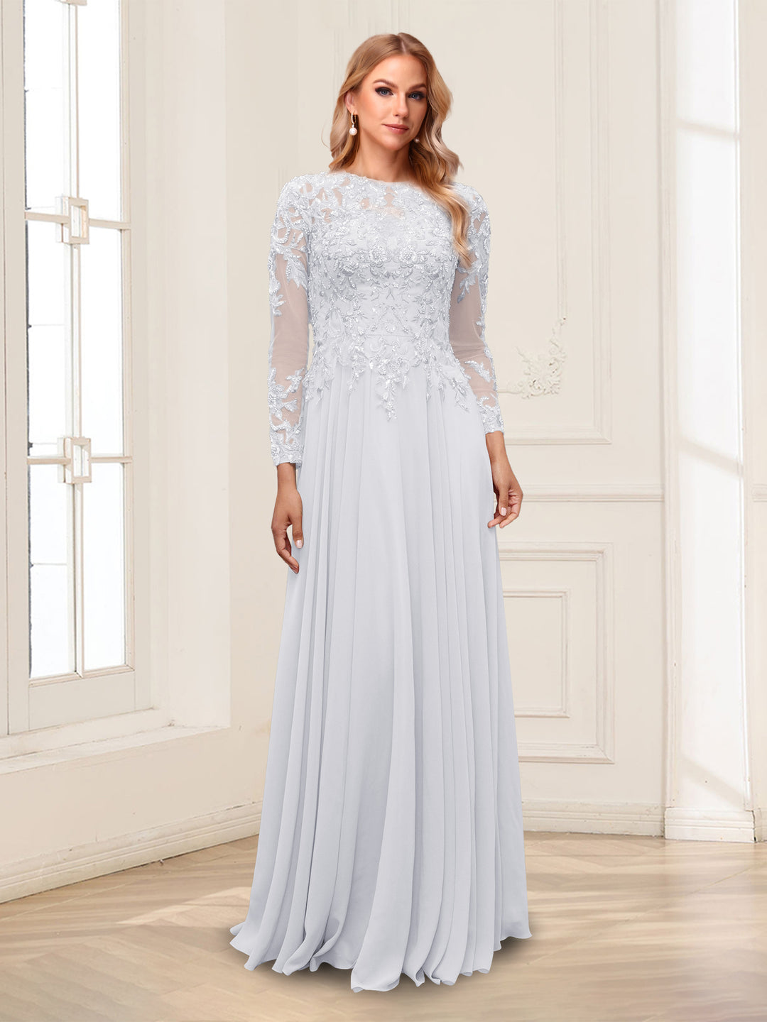 A-Line/Princess Scoop Long Sleeves Floor-Length Mother of the Bride Dresses with Lace &amp; Beading