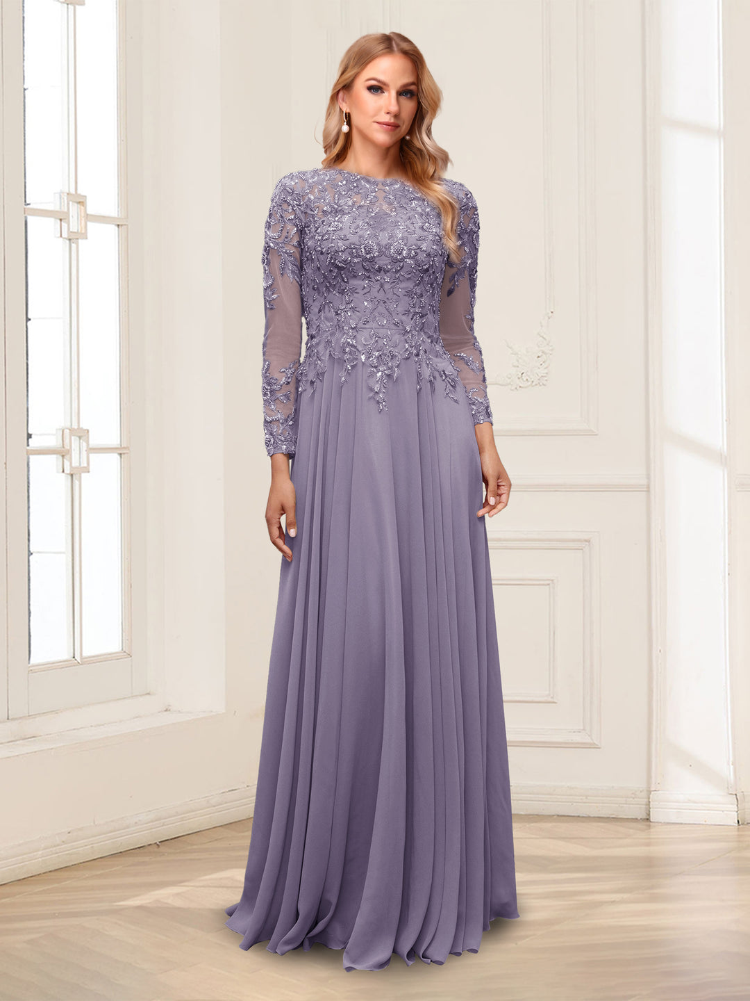 A-Line/Princess Scoop Long Sleeves Floor-Length Mother of the Bride Dresses with Lace &amp; Beading