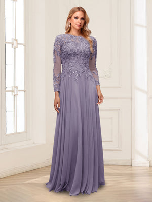 A-Line/Princess Scoop Long Sleeves Floor-Length Mother of the Bride Dresses with Lace & Beading