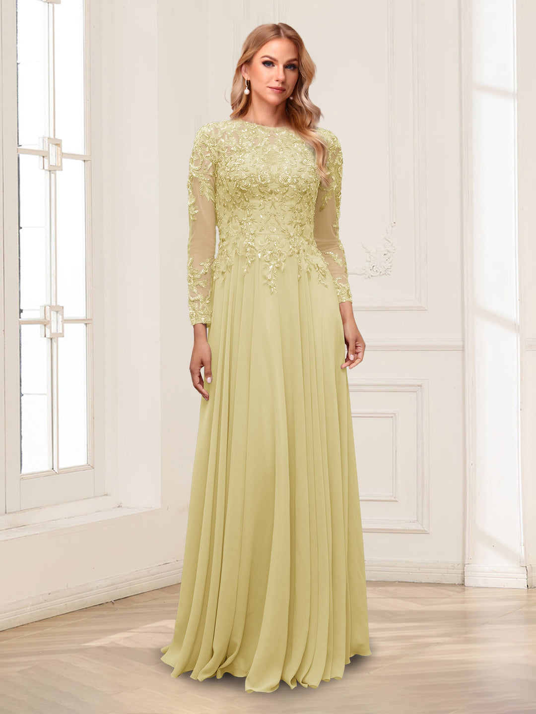 A-Line/Princess Scoop Long Sleeves Floor-Length Mother of the Bride Dresses with Lace &amp; Beading