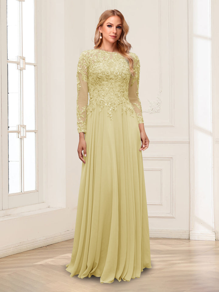 A-Line/Princess Scoop Long Sleeves Floor-Length Mother of the Bride Dresses with Lace &amp; Beading