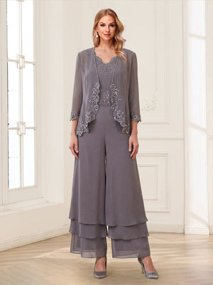 Jumpsuits V-Neck 3/4 Sleeves Ankle-Length Two Pieces Mother of the Bride Pantsuit with Lace