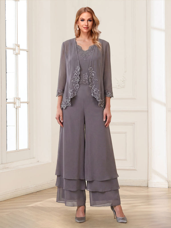 Jumpsuits V-Neck 3/4 Sleeves Ankle-Length Two Pieces Mother of the Bride Pantsuit with Lace