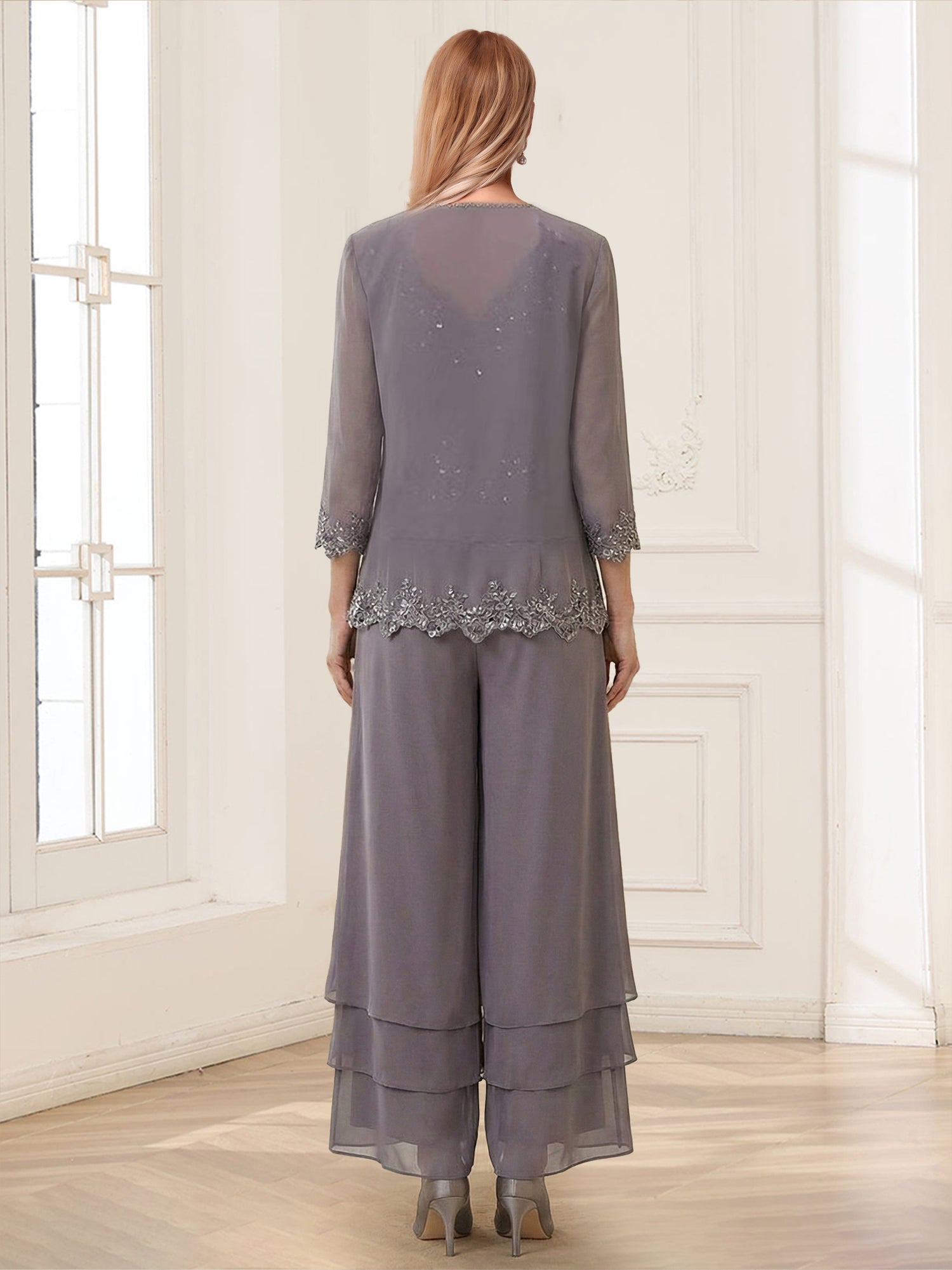Jumpsuits V-Neck 3/4 Sleeves Ankle-Length Two Pieces Mother of the Bride Pantsuit with Lace