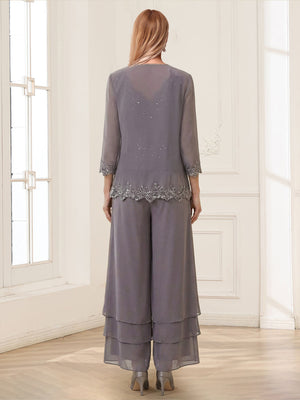 Jumpsuits V-Neck 3/4 Sleeves Ankle-Length Two Pieces Mother of the Bride Pantsuit with Lace