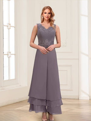 Jumpsuits V-Neck 3/4 Sleeves Ankle-Length Two Pieces Mother of the Bride Pantsuit with Lace