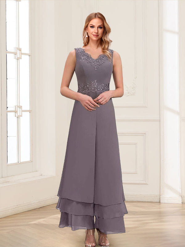 Jumpsuits V-Neck 3/4 Sleeves Ankle-Length Two Pieces Mother of the Bride Pantsuit with Lace