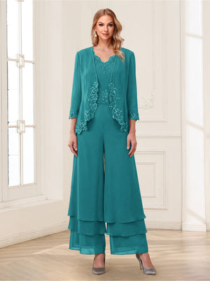 Jumpsuits V-Neck 3/4 Sleeves Ankle-Length Two Pieces Mother of the Bride Pantsuit with Lace