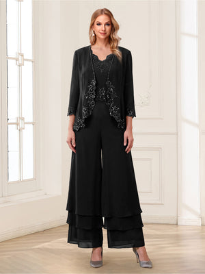 Jumpsuits V-Neck 3/4 Sleeves Ankle-Length Two Pieces Mother of the Bride Pantsuit with Lace