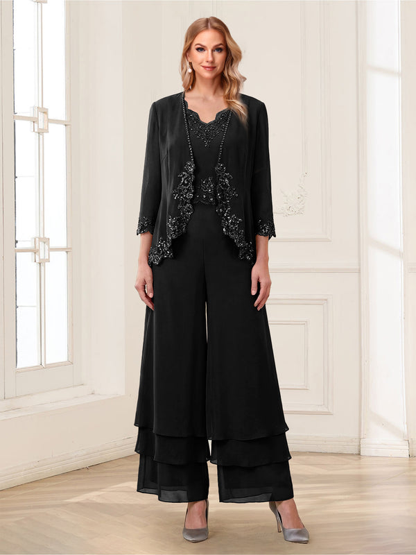 Jumpsuits V-Neck 3/4 Sleeves Ankle-Length Two Pieces Mother of the Bride Pantsuit with Lace