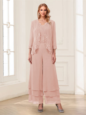 Jumpsuits V-Neck 3/4 Sleeves Ankle-Length Two Pieces Mother of the Bride Pantsuit with Lace