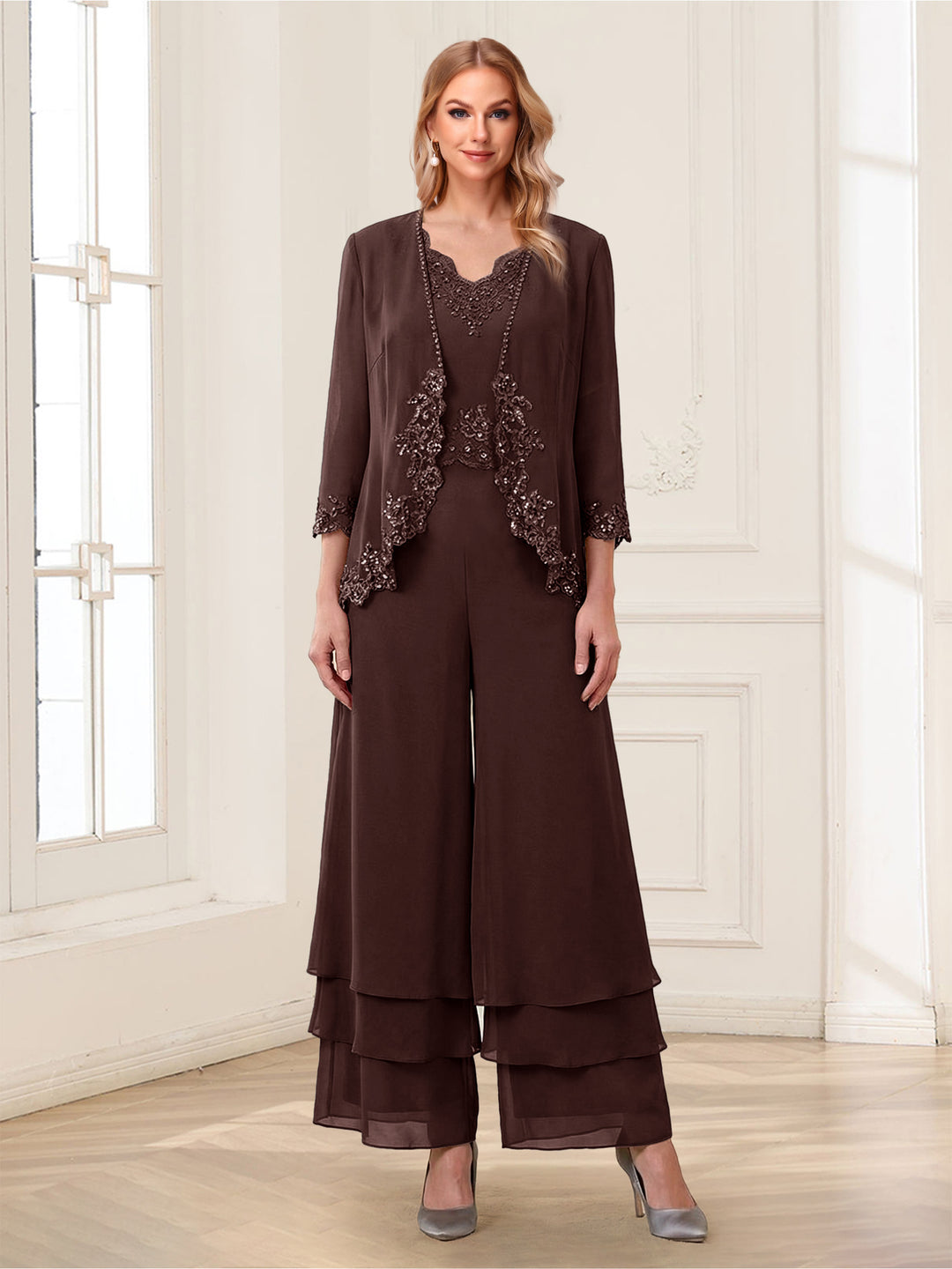 Jumpsuits V-Neck 3/4 Sleeves Ankle-Length Two Pieces Mother of the Bride Pantsuit with Lace