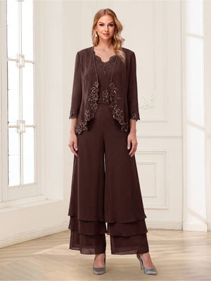 Jumpsuits V-Neck 3/4 Sleeves Ankle-Length Two Pieces Mother of the Bride Pantsuit with Lace