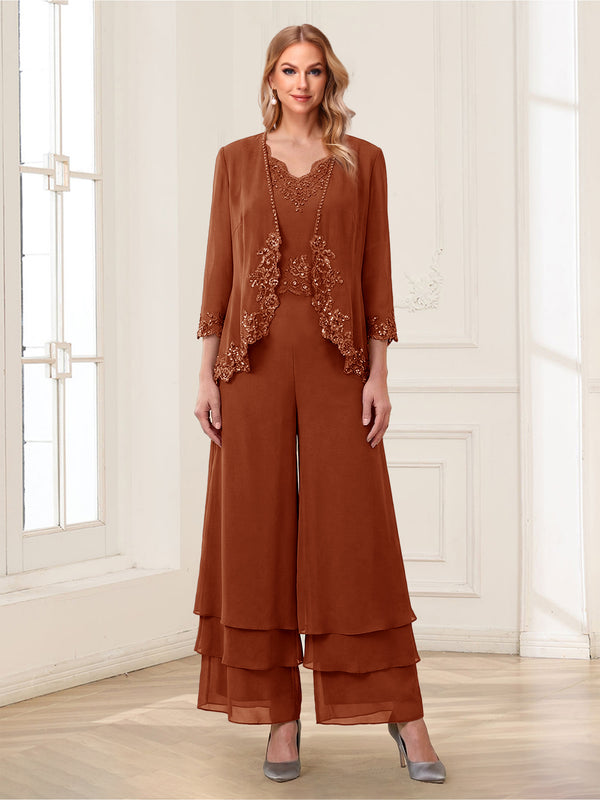 Jumpsuits V-Neck 3/4 Sleeves Ankle-Length Two Pieces Mother of the Bride Pantsuit with Lace
