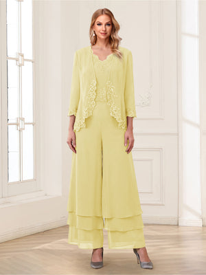 Jumpsuits V-Neck 3/4 Sleeves Ankle-Length Two Pieces Mother of the Bride Pantsuit with Lace