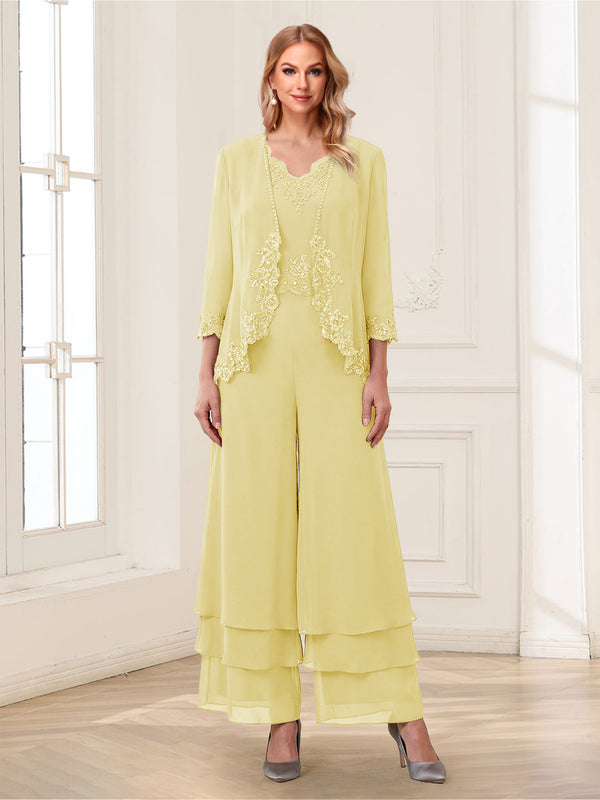 Jumpsuits V-Neck 3/4 Sleeves Ankle-Length Two Pieces Mother of the Bride Pantsuit with Lace