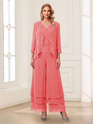 Jumpsuits V-Neck 3/4 Sleeves Ankle-Length Two Pieces Mother of the Bride Pantsuit with Lace
