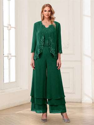 Jumpsuits V-Neck 3/4 Sleeves Ankle-Length Two Pieces Mother of the Bride Pantsuit with Lace