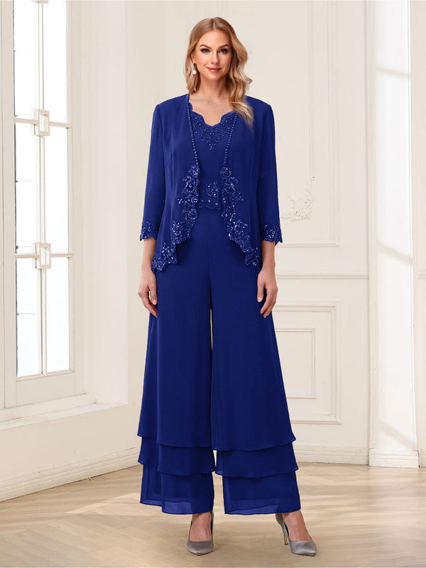 Jumpsuits V-Neck 3/4 Sleeves Ankle-Length Two Pieces Mother of the Bride Pantsuit with Lace