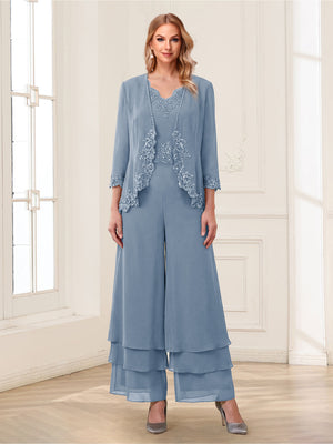 Jumpsuits V-Neck 3/4 Sleeves Ankle-Length Two Pieces Mother of the Bride Pantsuit with Lace
