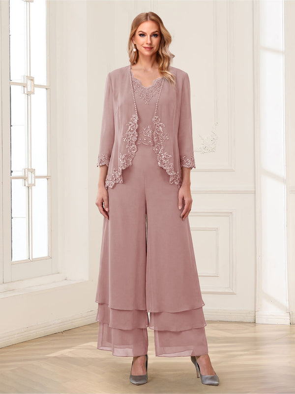 Jumpsuits V-Neck 3/4 Sleeves Ankle-Length Two Pieces Mother of the Bride Pantsuit with Lace