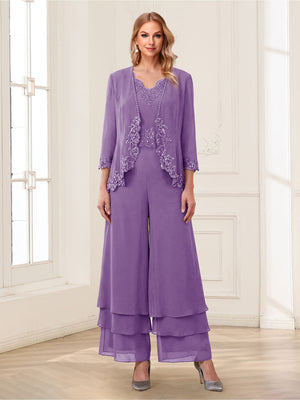 Jumpsuits V-Neck 3/4 Sleeves Ankle-Length Two Pieces Mother of the Bride Pantsuit with Lace