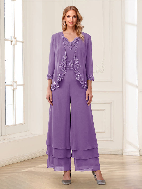 Jumpsuits V-Neck 3/4 Sleeves Ankle-Length Two Pieces Mother of the Bride Pantsuit with Lace
