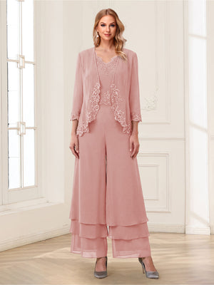Jumpsuits V-Neck 3/4 Sleeves Ankle-Length Two Pieces Mother of the Bride Pantsuit with Lace