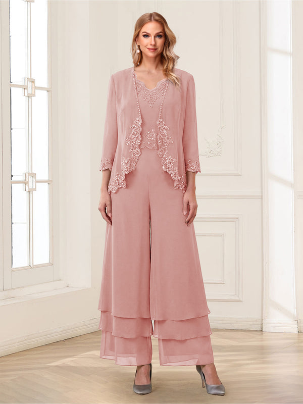 Jumpsuits V-Neck 3/4 Sleeves Ankle-Length Two Pieces Mother of the Bride Pantsuit with Lace