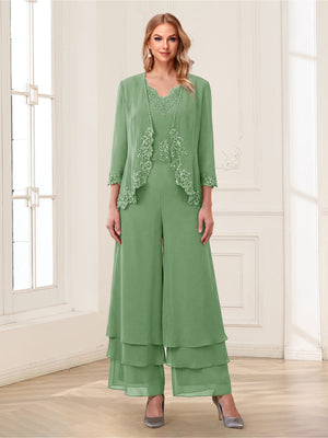 Jumpsuits V-Neck 3/4 Sleeves Ankle-Length Two Pieces Mother of the Bride Pantsuit with Lace