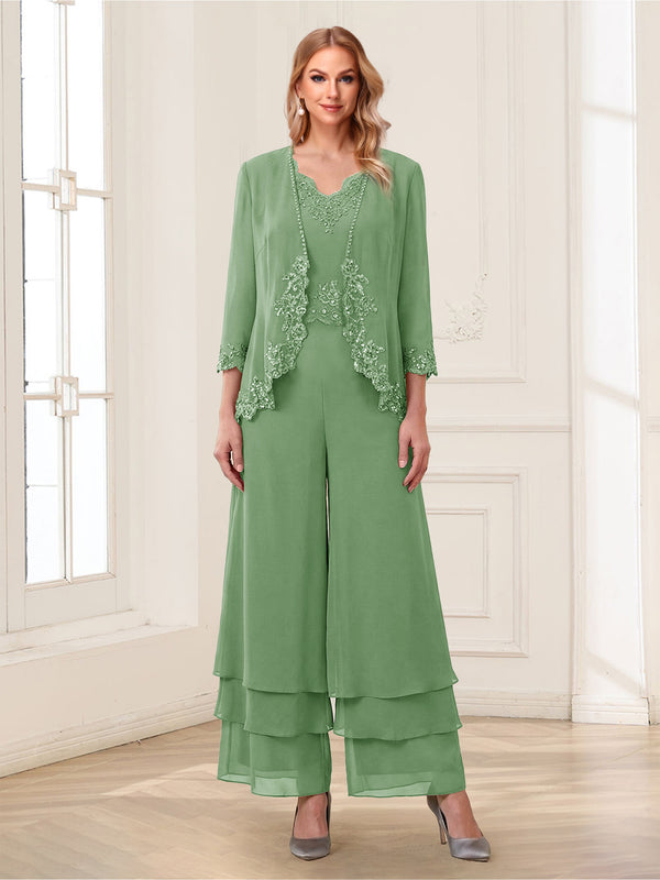 Jumpsuits V-Neck 3/4 Sleeves Ankle-Length Two Pieces Mother of the Bride Pantsuit with Lace