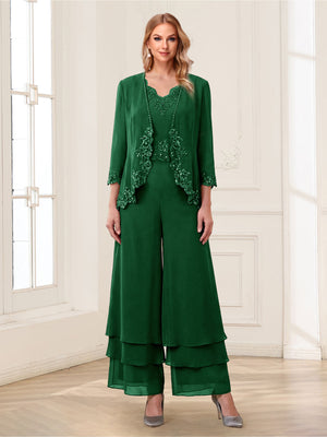 Jumpsuits V-Neck 3/4 Sleeves Ankle-Length Two Pieces Mother of the Bride Pantsuit with Lace