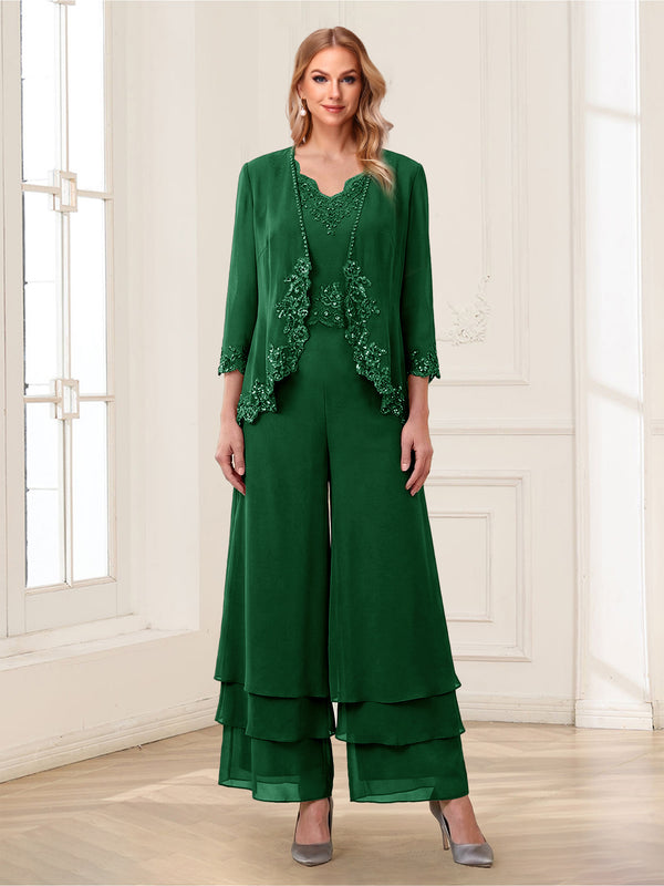 Jumpsuits V-Neck 3/4 Sleeves Ankle-Length Two Pieces Mother of the Bride Pantsuit with Lace