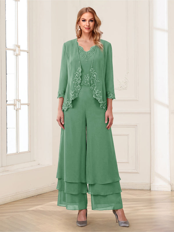 Jumpsuits V-Neck 3/4 Sleeves Ankle-Length Two Pieces Mother of the Bride Pantsuit with Lace