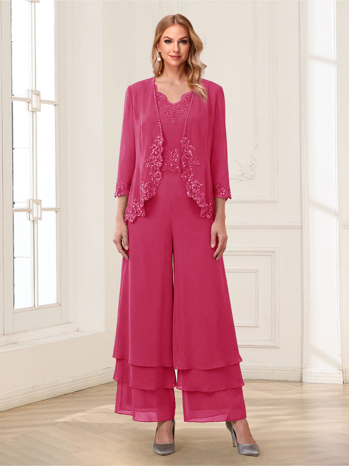 Jumpsuits V-Neck 3/4 Sleeves Ankle-Length Two Pieces Mother of the Bride Pantsuit with Lace