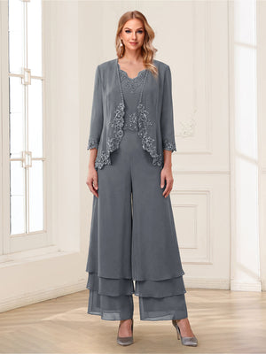 Jumpsuits V-Neck 3/4 Sleeves Ankle-Length Two Pieces Mother of the Bride Pantsuit with Lace