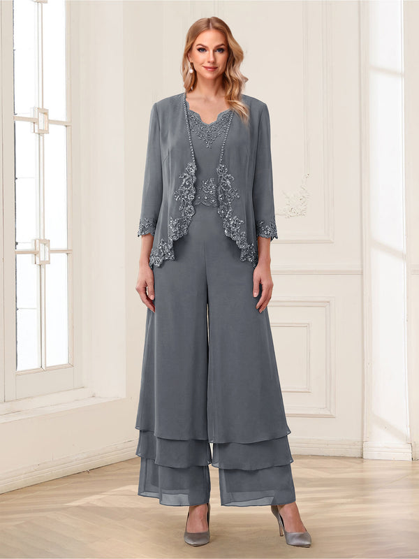 Jumpsuits V-Neck 3/4 Sleeves Ankle-Length Two Pieces Mother of the Bride Pantsuit with Lace