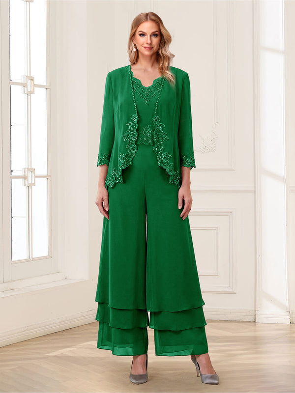 Jumpsuits V-Neck 3/4 Sleeves Ankle-Length Two Pieces Mother of the Bride Pantsuit with Lace